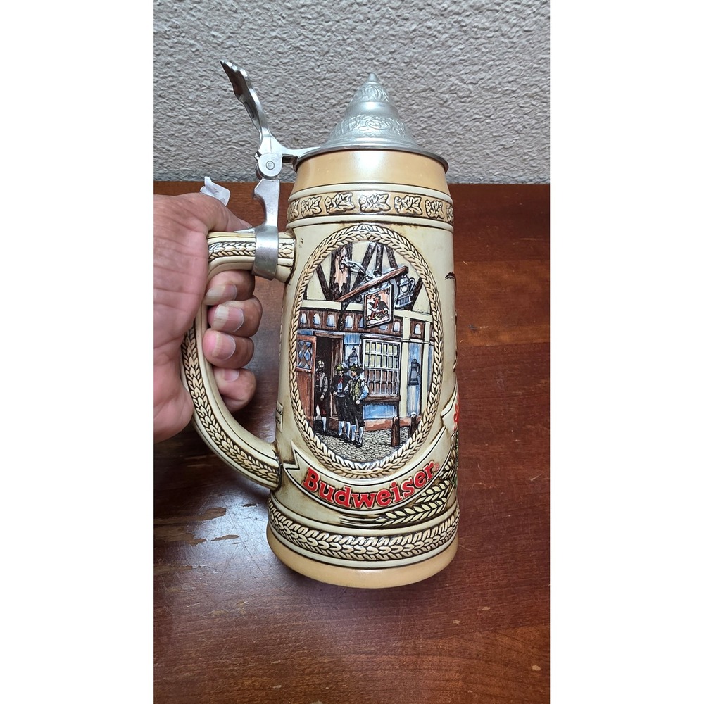Budweiser Beer Stein Lidded K Series Ceramarte Brazil Ivory Tavern Collectible